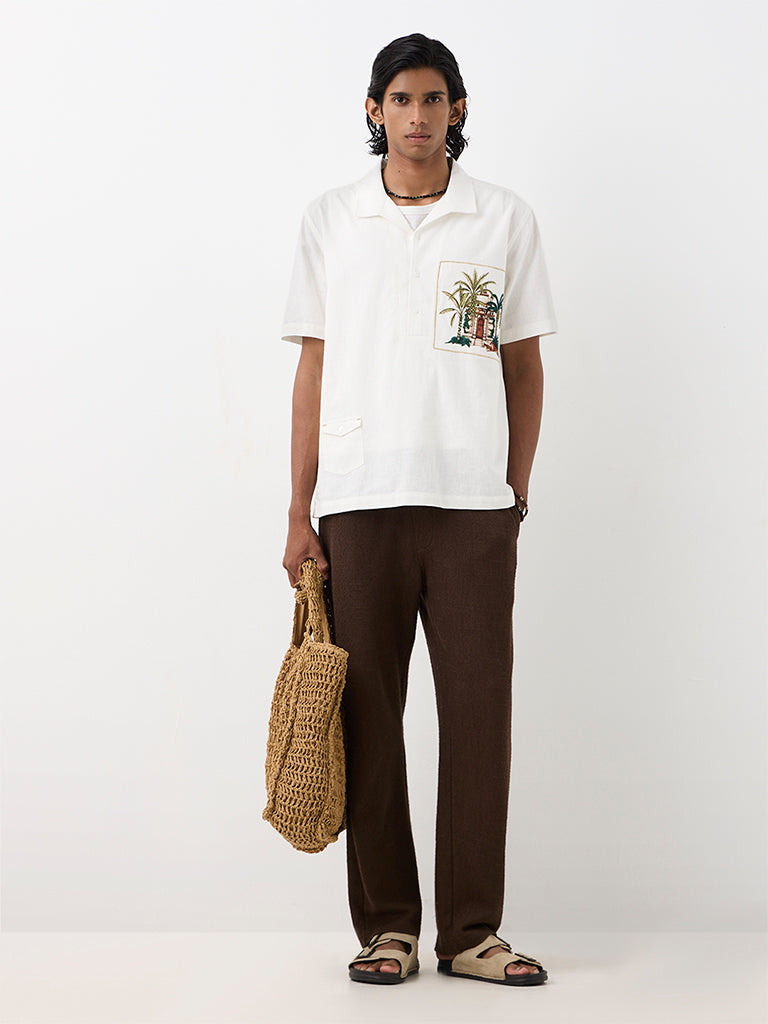 ETA White Tropical Embroidered Relaxed-Fit Cotton-Blend Shirt