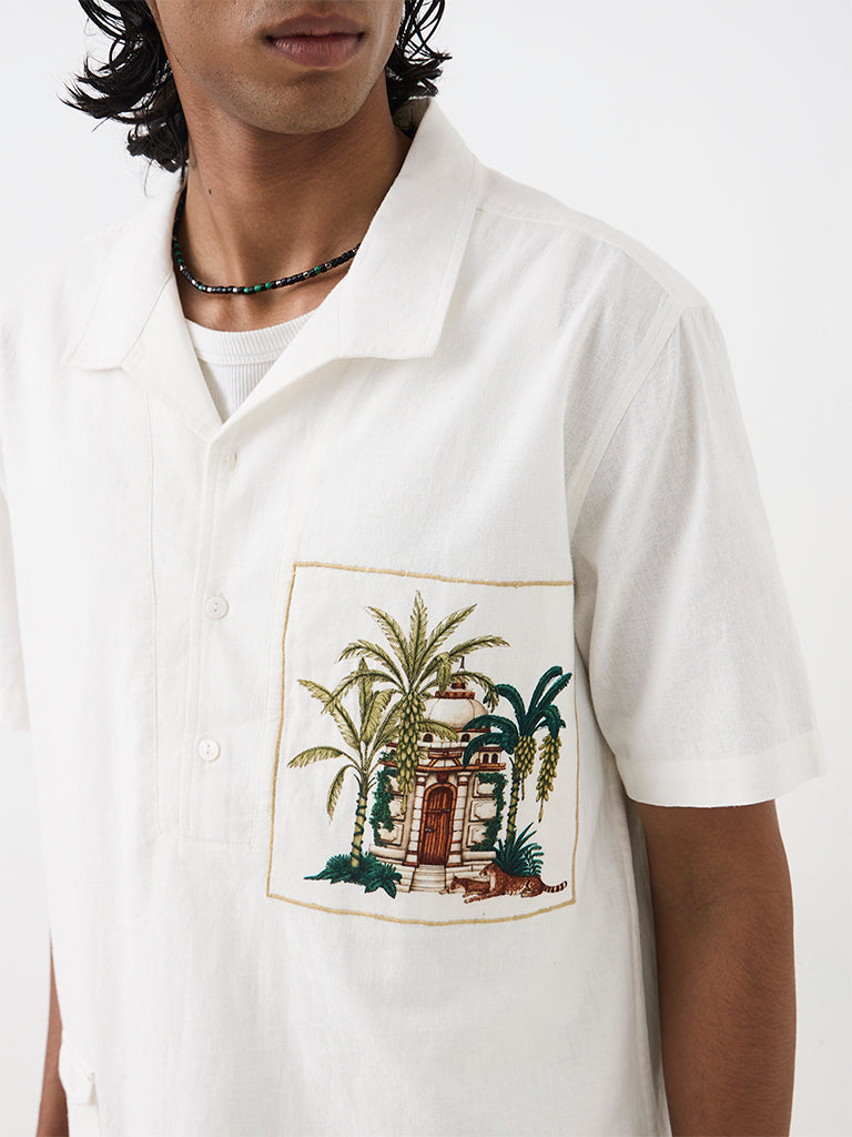 ETA White Tropical Embroidered Relaxed-Fit Cotton-Blend Shirt