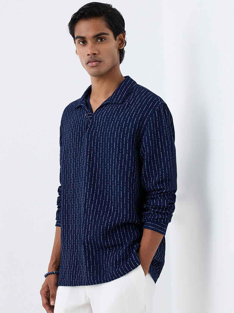 ETA Navy Striped Relaxed-Fit Cotton Shirt
