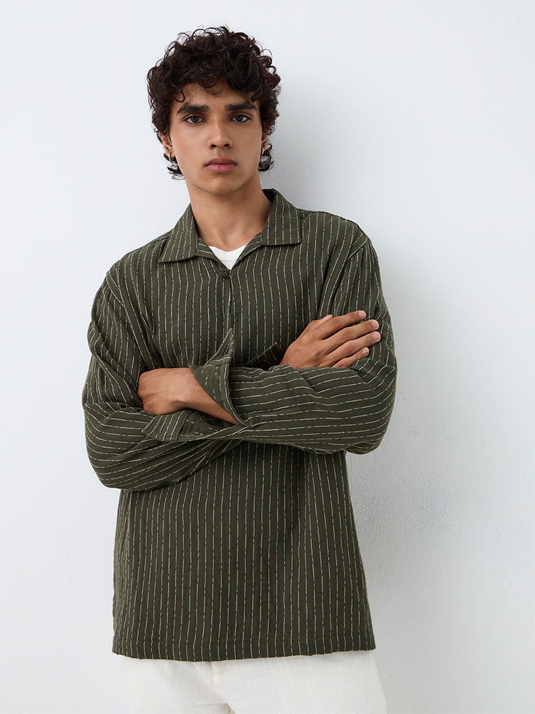 ETA Dark Olive Striped Relaxed-Fit Cotton Shirt