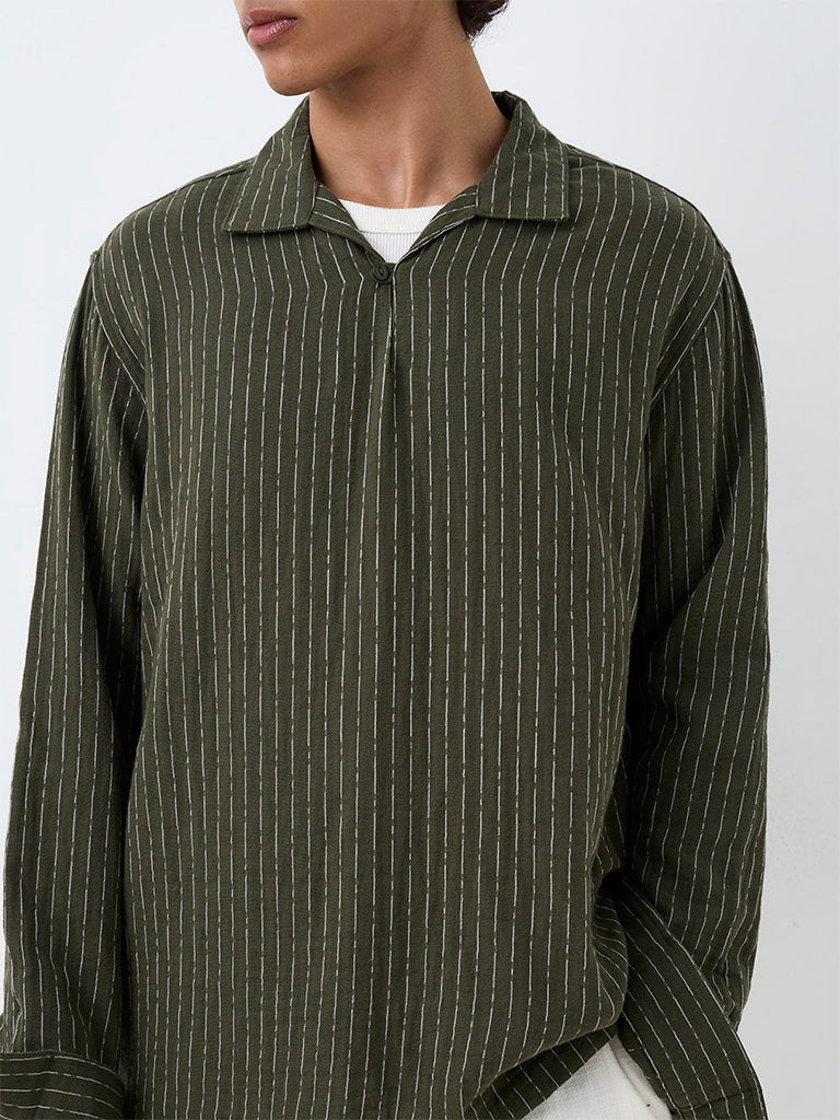 ETA Dark Olive Striped Relaxed-Fit Cotton Shirt