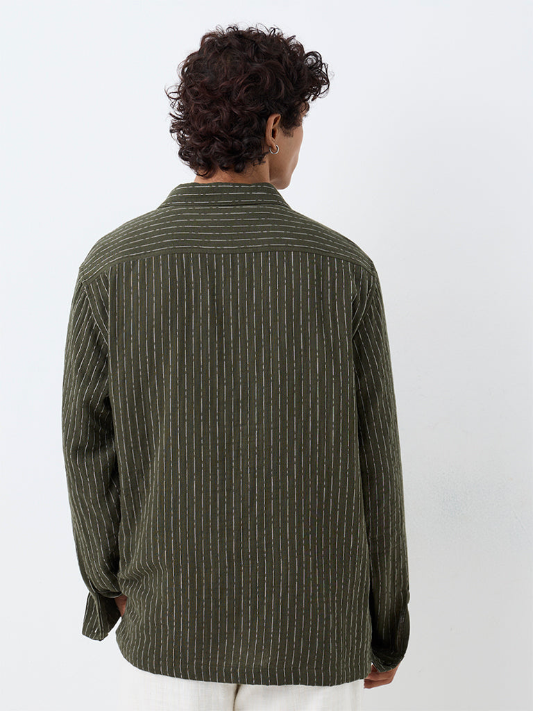 ETA Dark Olive Striped Relaxed-Fit Cotton Shirt