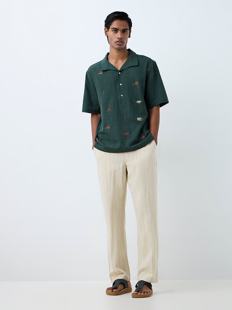 ETA Dark Green Embroidered Relaxed-Fit Cotton Shirt