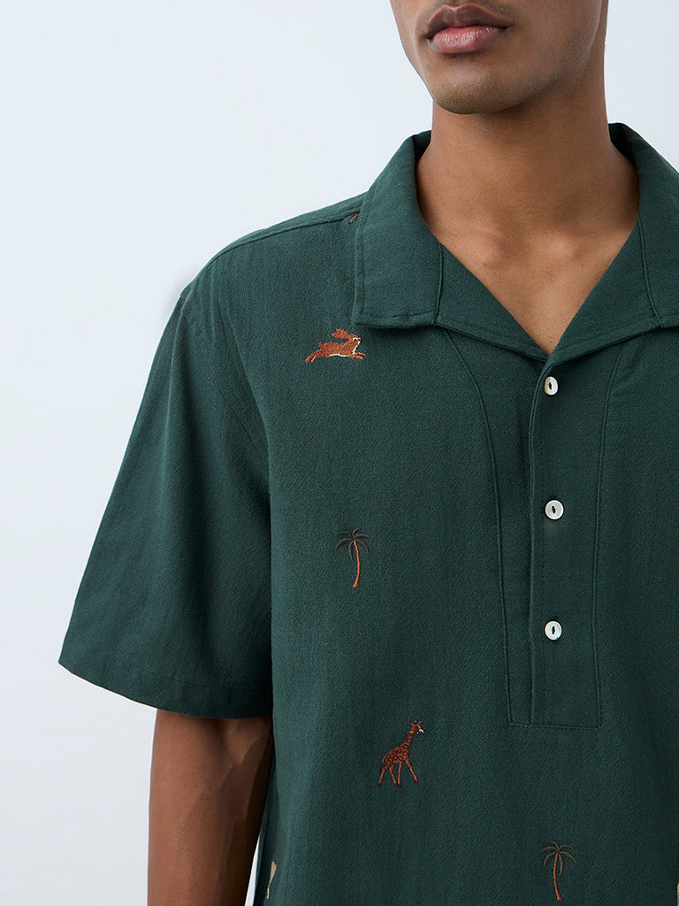 ETA Dark Green Embroidered Relaxed-Fit Cotton Shirt