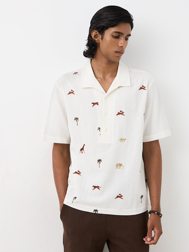 ETA White Embroidered Relaxed-Fit Cotton Shirt