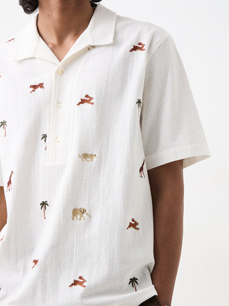 ETA White Embroidered Relaxed-Fit Cotton Shirt
