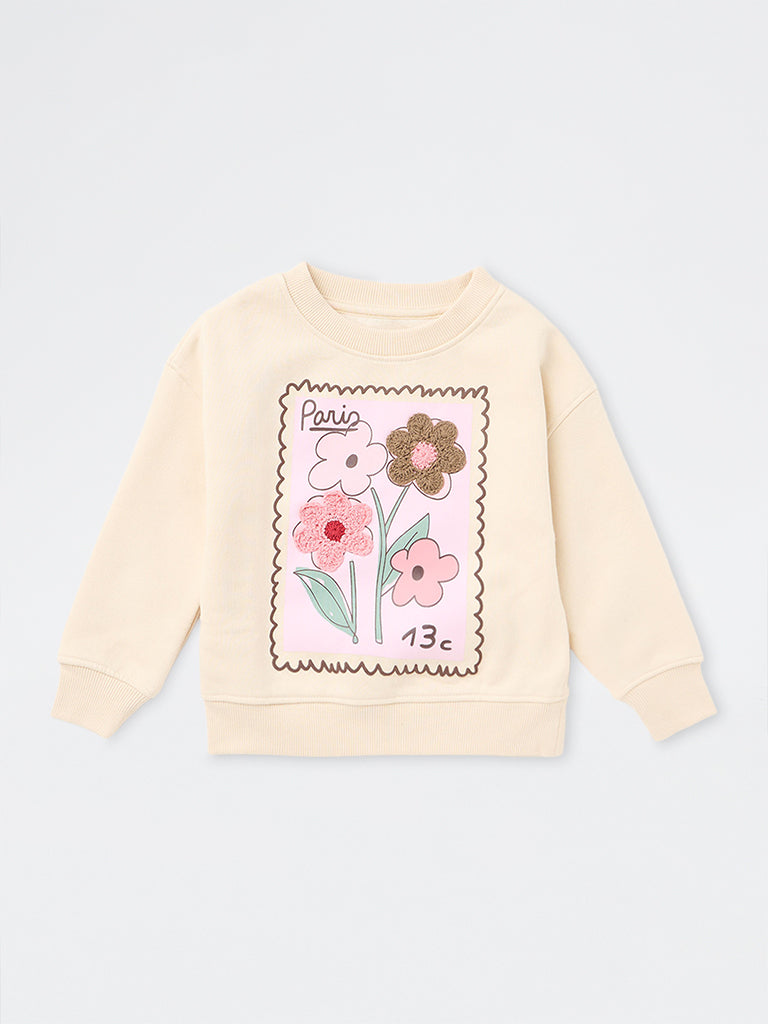 HOP Kids Girls Cream Floral Design Cotton-Blend Sweatshirt