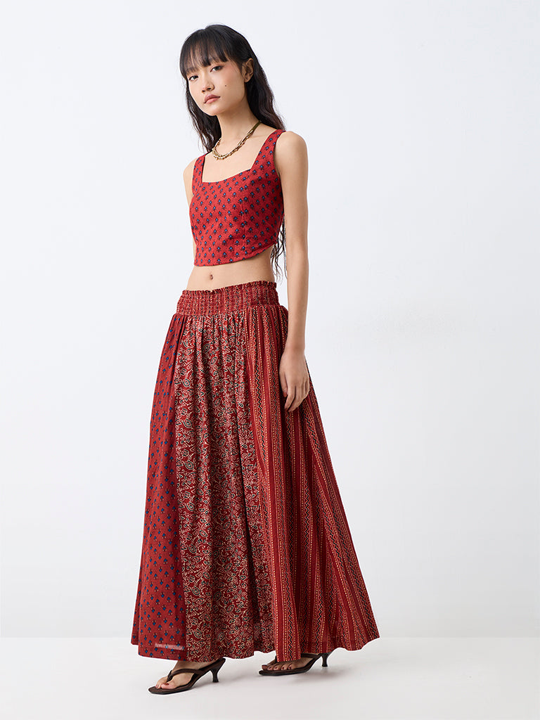 Bombay Paisley Red Printed High-Rise Cotton Maxi Skirt