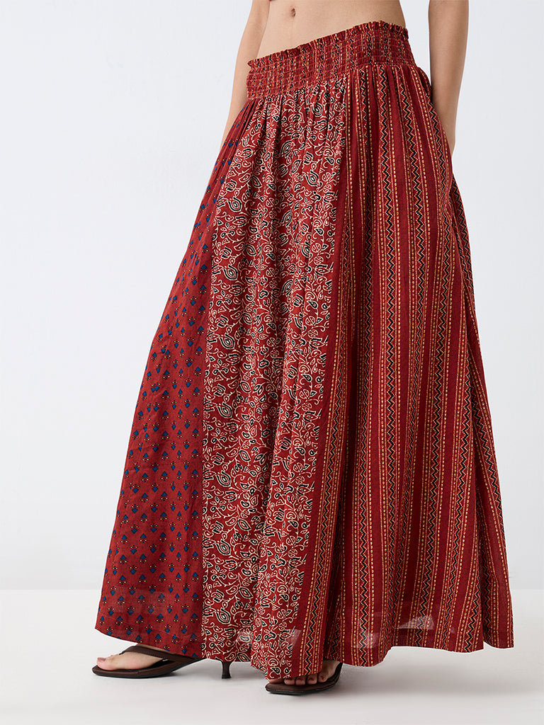 Bombay Paisley Red Printed High-Rise Cotton Maxi Skirt