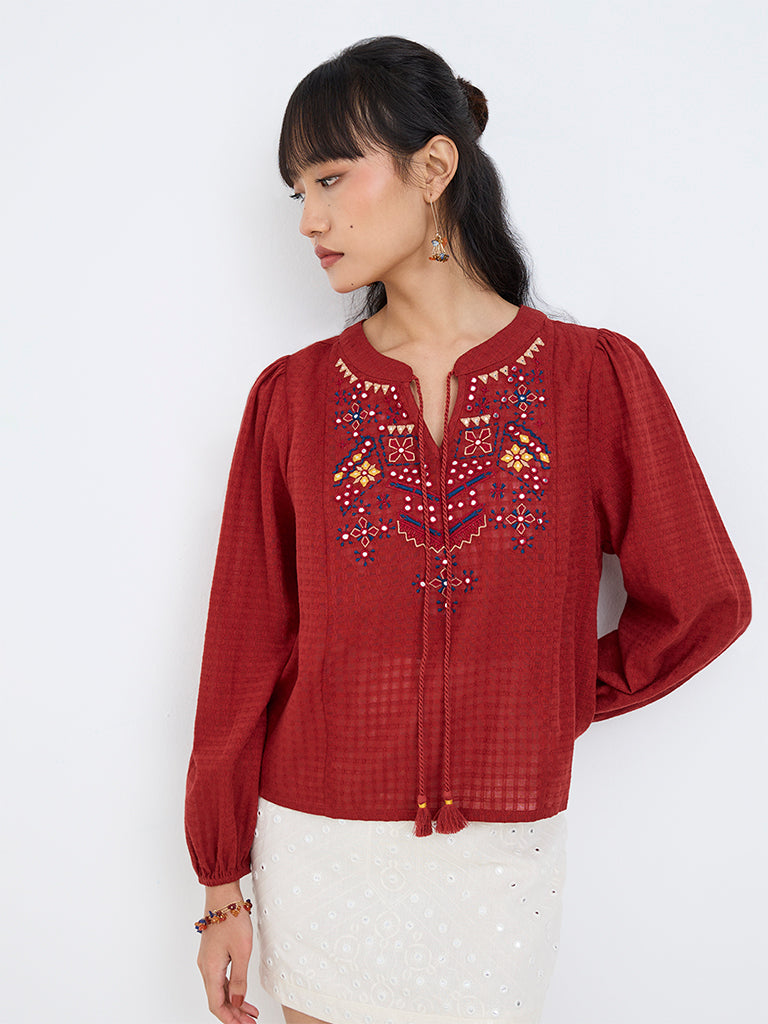 Bombay Paisley Red Floral Embroidered Cotton Top