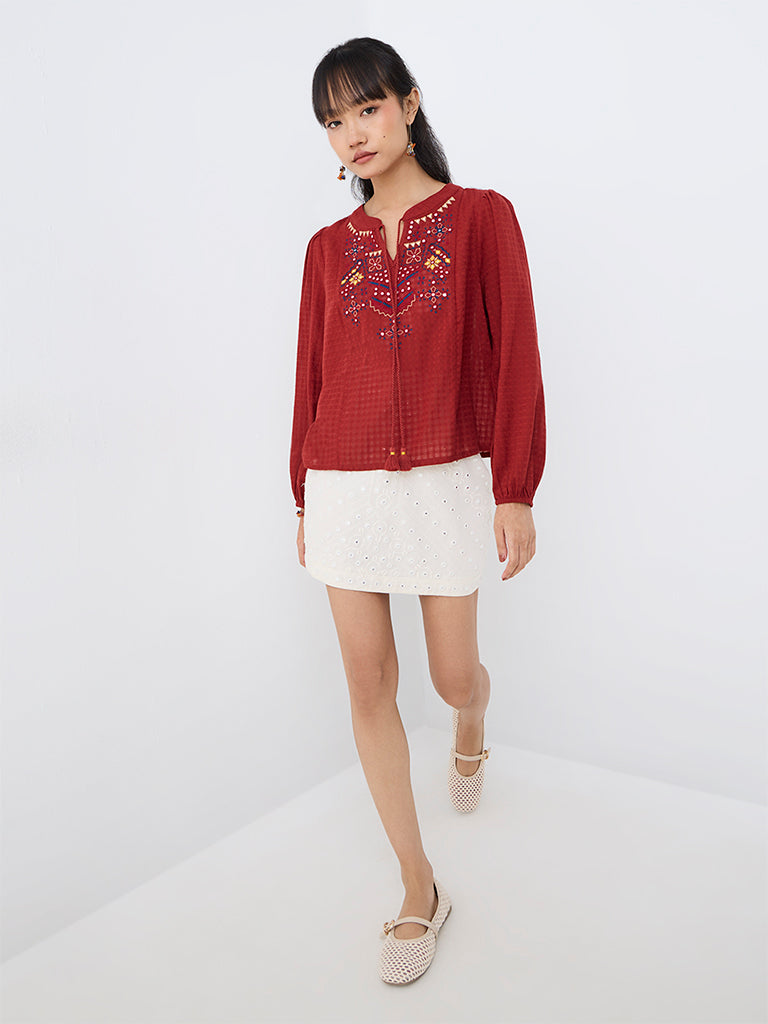 Bombay Paisley Red Floral Embroidered Cotton Top