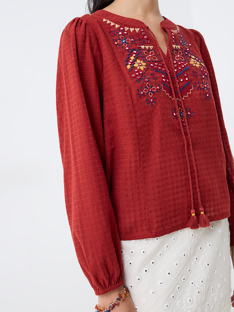 Bombay Paisley Red Floral Embroidered Cotton Top