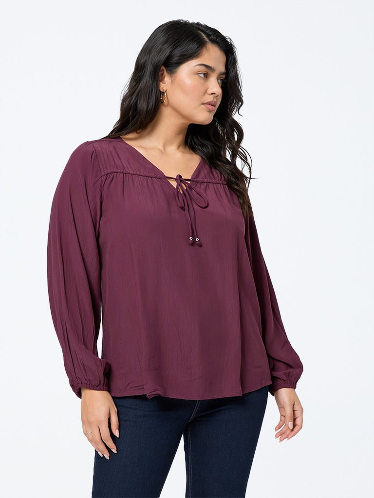 Gia Dark Plum Tie-Up Detail Blouse