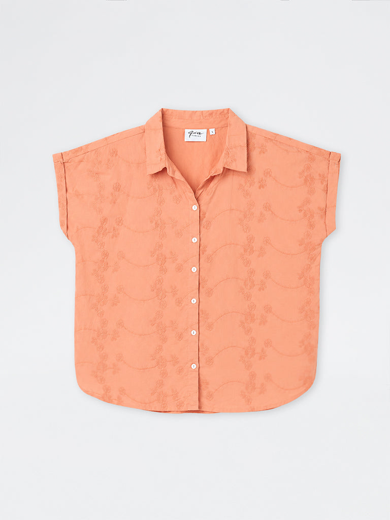 Gia Peach Floral Embroidered Cotton Shirt