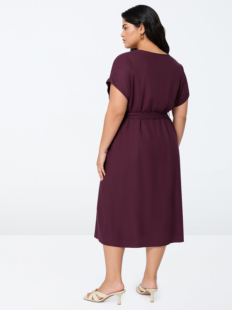 Gia Plum Solid A-Line Dress with Belt