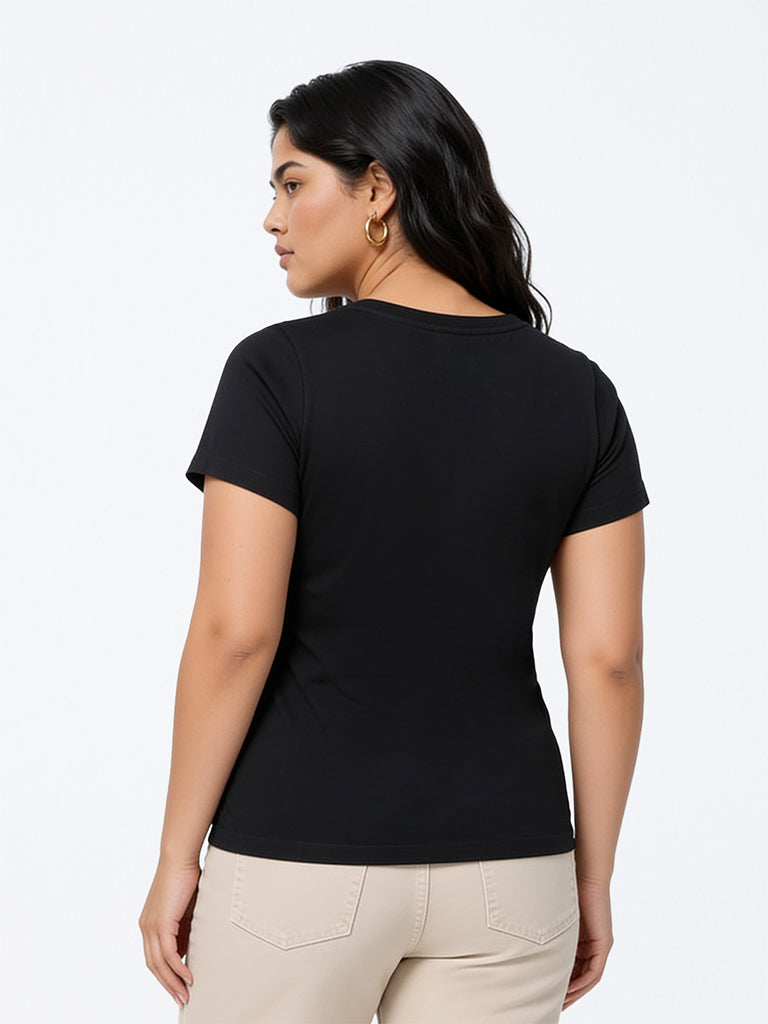 Gia Black Floral Design Cotton T-Shirt