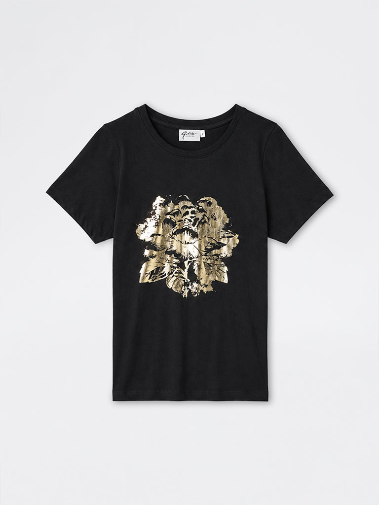 Gia Black Floral Design Cotton T-Shirt