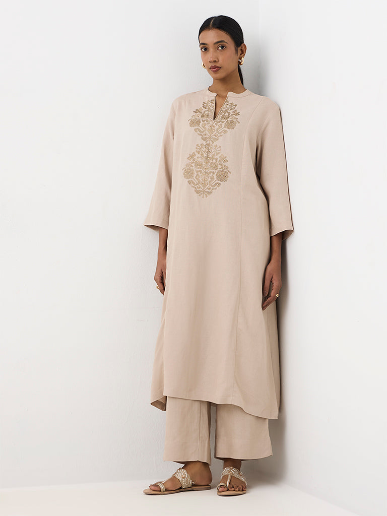 Zuba Beige Embroidered A-Line Kurta