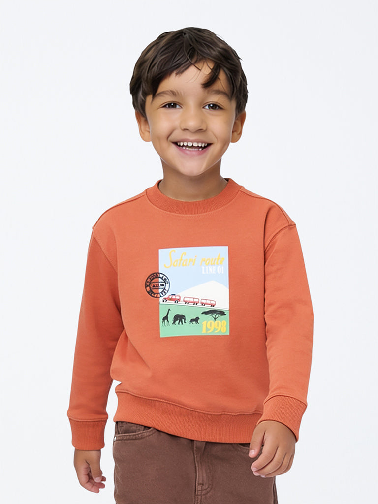 HOP Kids Boys Orange Safari-Theme Cotton-Blend Sweatshirt