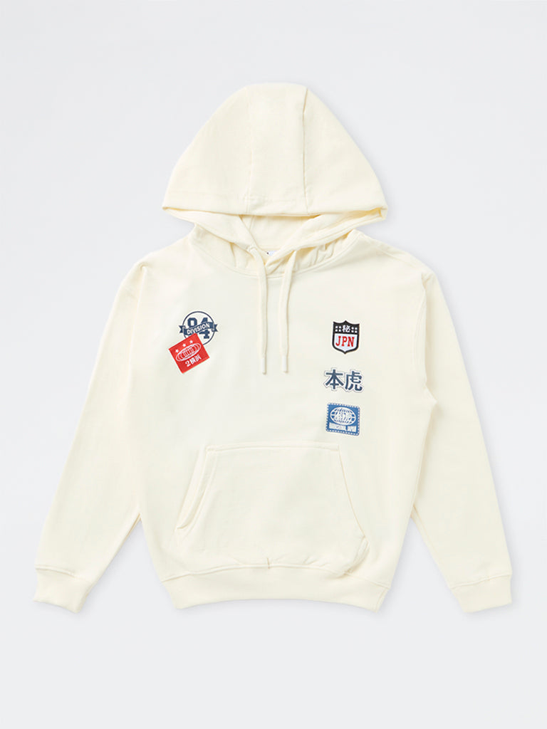 Boys Cream Patchwork-Detail Cotton-Blend Hooded Sweatshirt