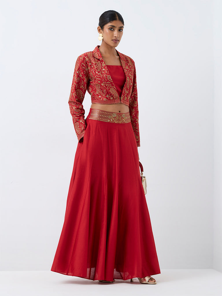 Vark Red Botanical Embroidered Flared Skirt