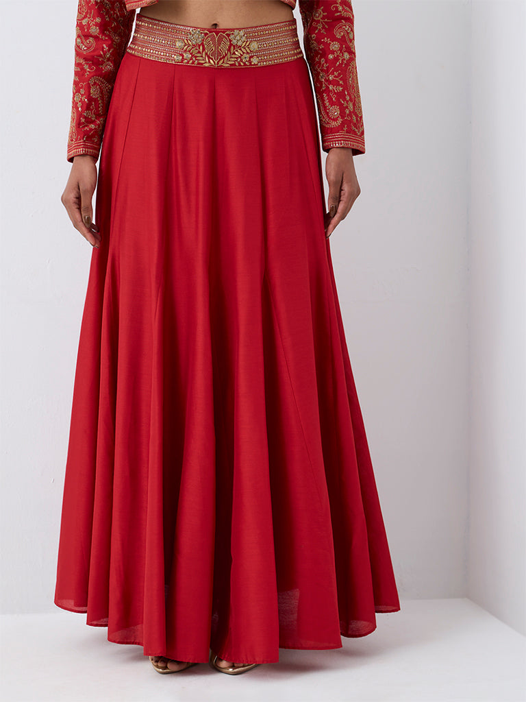 Vark Red Botanical Embroidered Flared Skirt