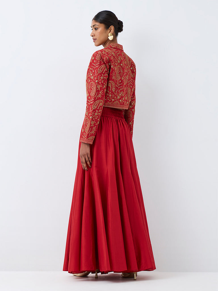 Vark Red Botanical Embroidered Flared Skirt