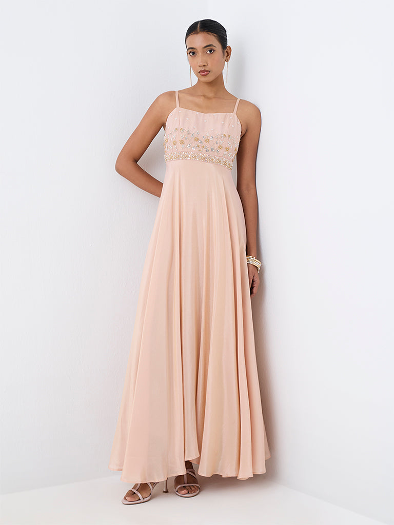 Vark Light Pink Floral Embellished Empire-Line Dress