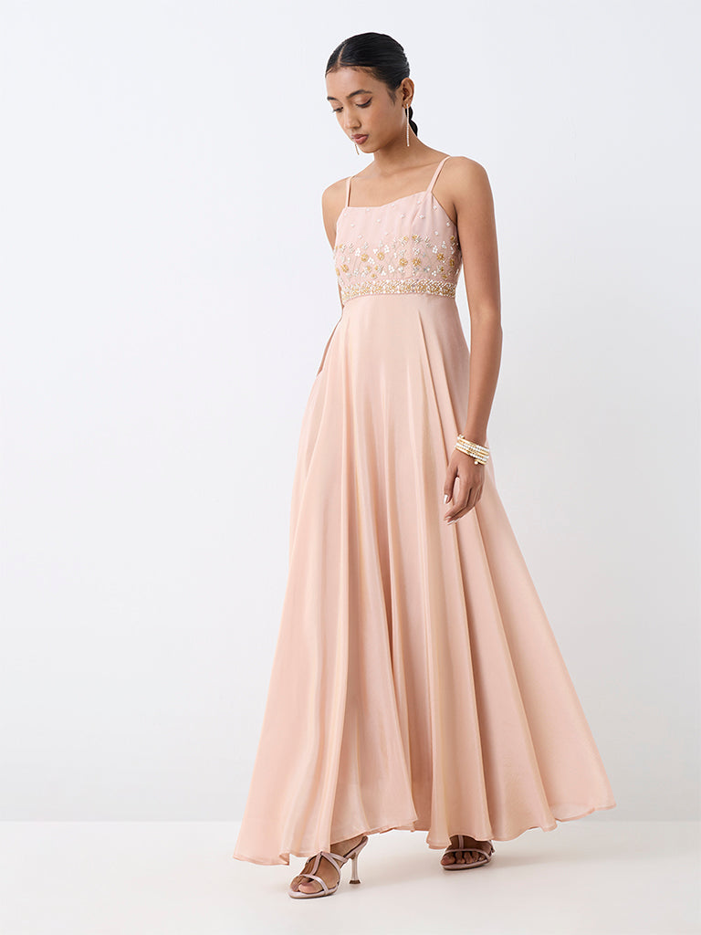 Vark Light Pink Floral Embellished Empire-Line Dress