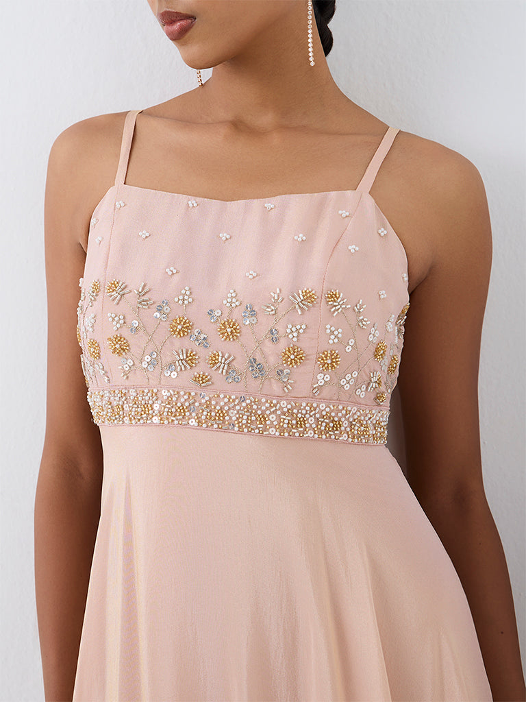 Vark Light Pink Floral Embellished Empire-Line Dress