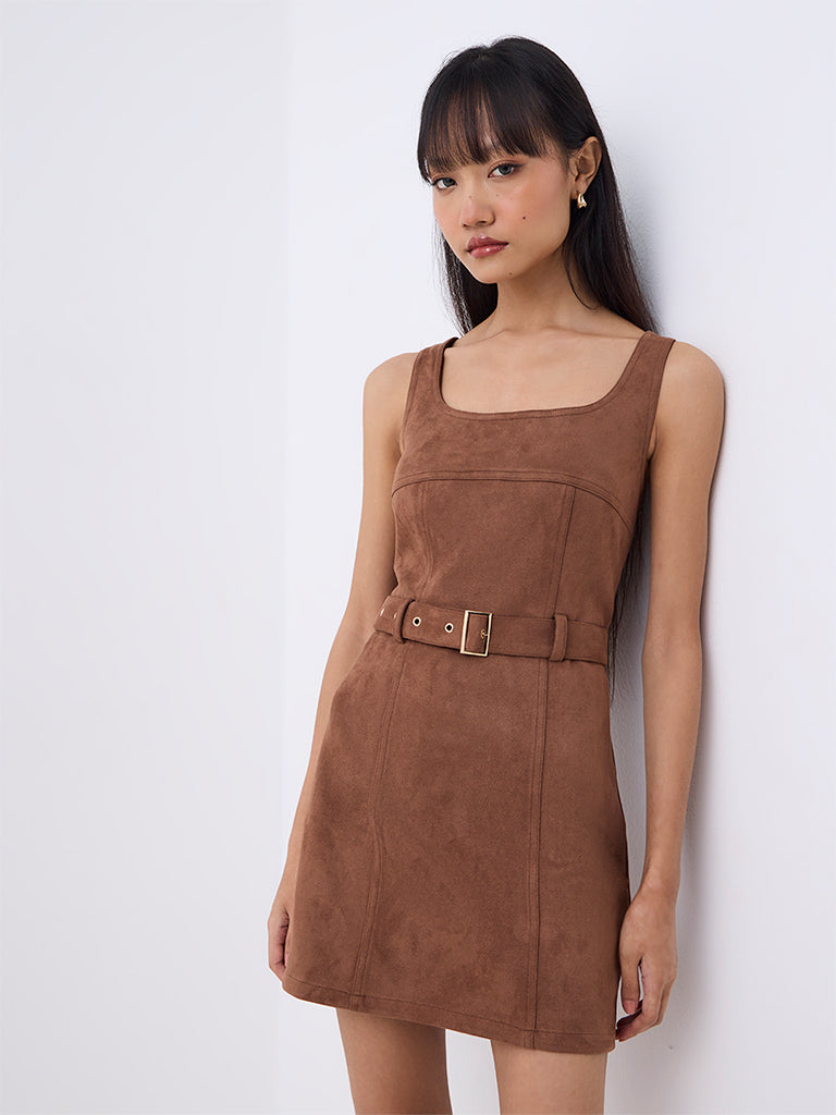 Nuon Brown Suede A-Line Dress with Belt
