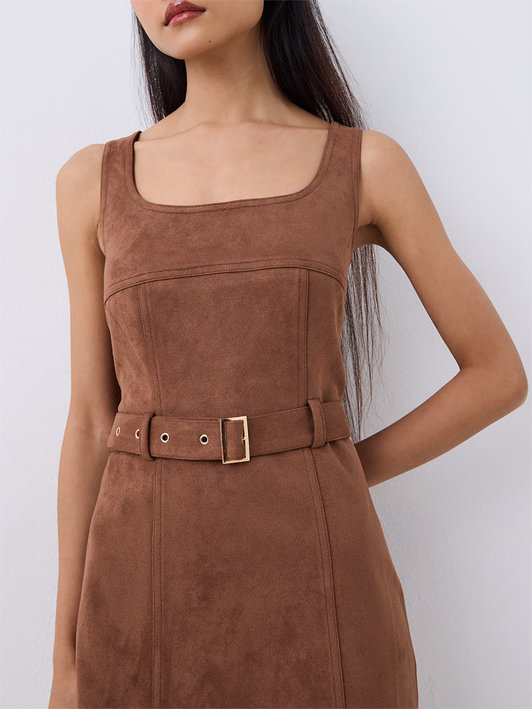 Nuon Brown Suede A-Line Dress with Belt