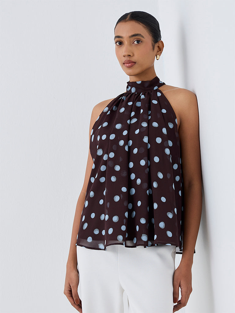 Wardrobe Dark Brown Polka-Dot Printed Halter-Neck Top