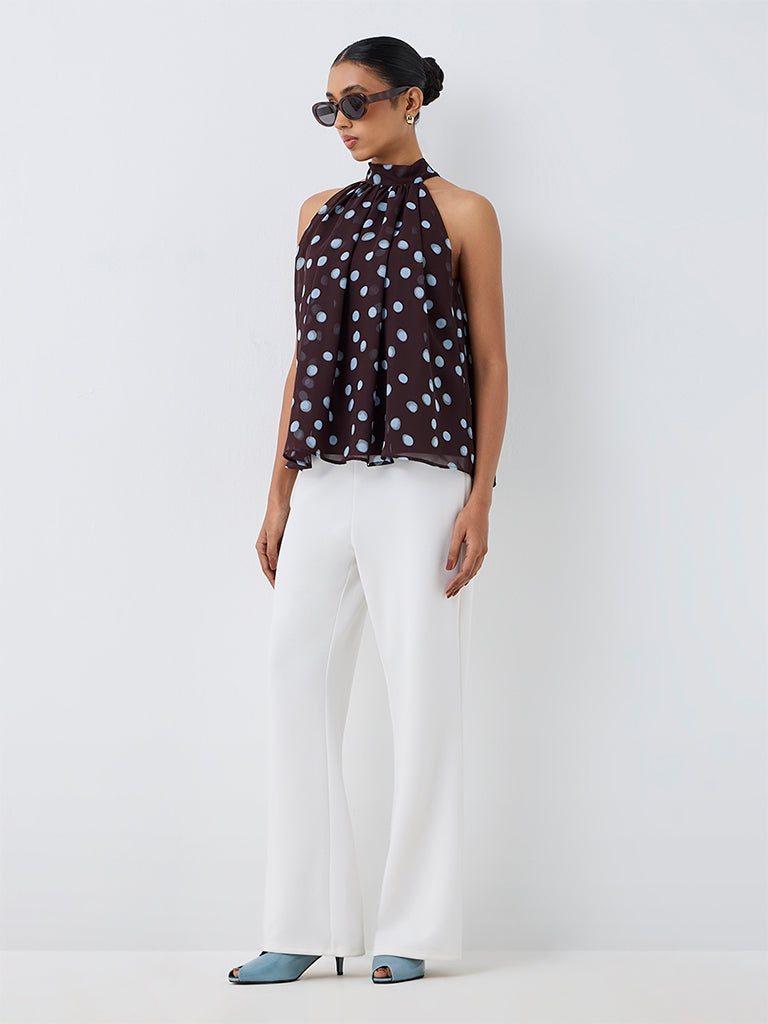 Wardrobe Dark Brown Polka-Dot Printed Halter-Neck Top