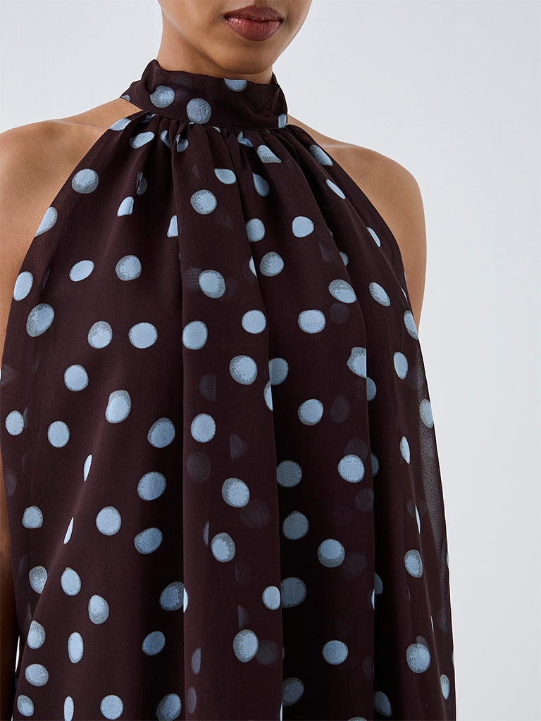 Wardrobe Dark Brown Polka-Dot Printed Halter-Neck Top