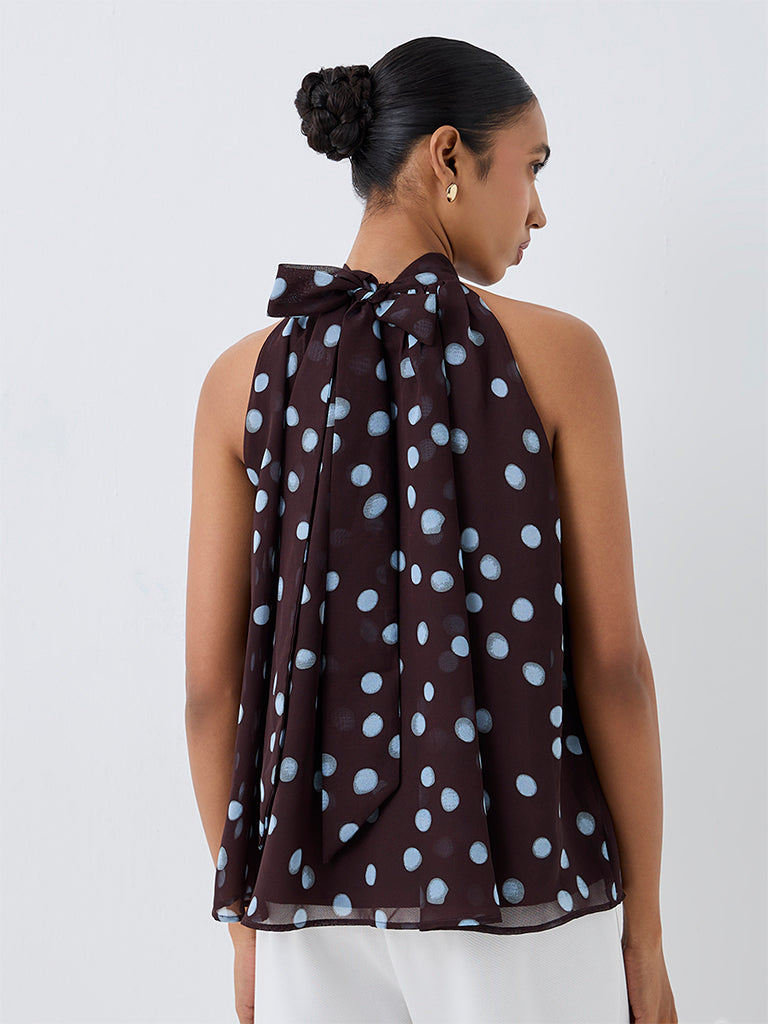 Wardrobe Dark Brown Polka-Dot Printed Halter-Neck Top