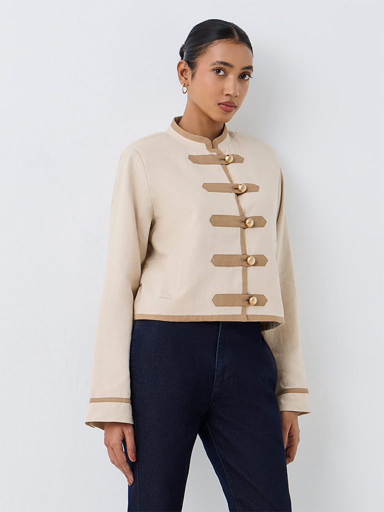Wardrobe Light Beige Cotton Jacket with Imitation Frog Fastening