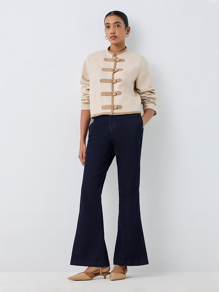 Wardrobe Light Beige Cotton Jacket with Imitation Frog Fastening