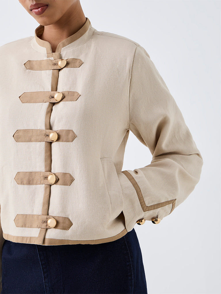 Wardrobe Light Beige Cotton Jacket with Imitation Frog Fastening