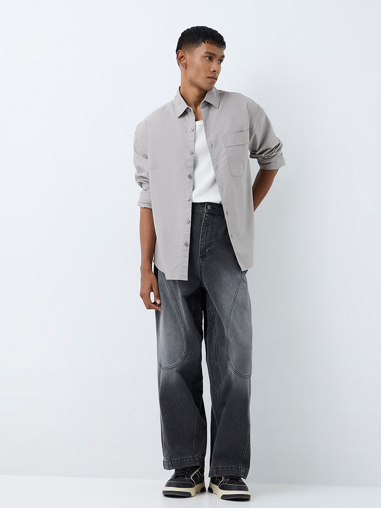 Nuon Charcoal Paneled Barrel-Fit Mid-Rise Jeans