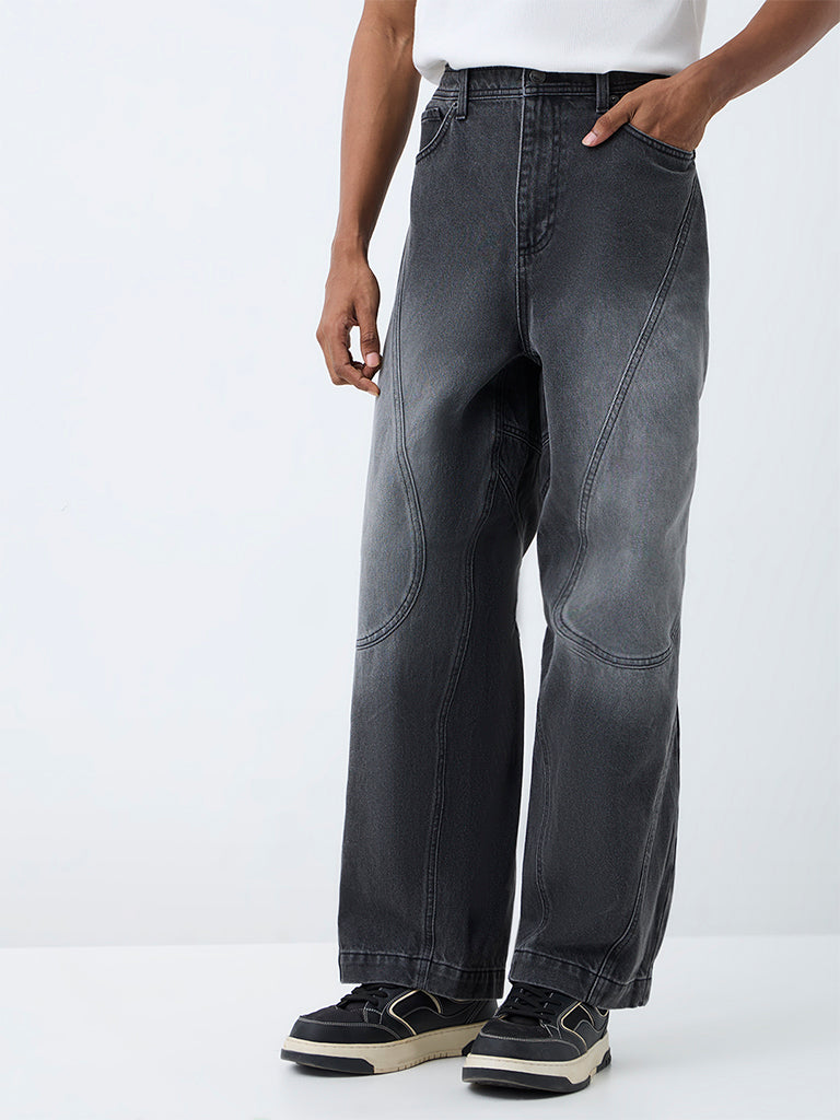 Nuon Charcoal Paneled Barrel-Fit Mid-Rise Jeans