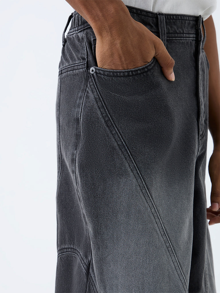 Nuon Charcoal Paneled Barrel-Fit Mid-Rise Jeans