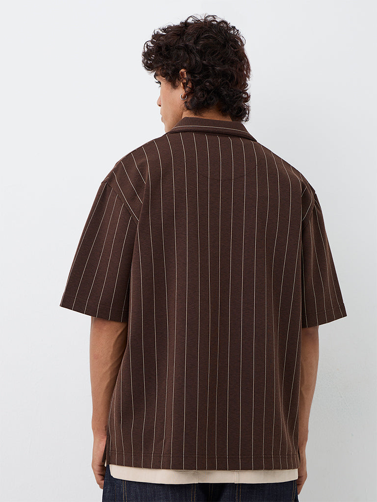 Nuon Dark Brown Striped Relaxed-Fit Cotton-Blend Shirt