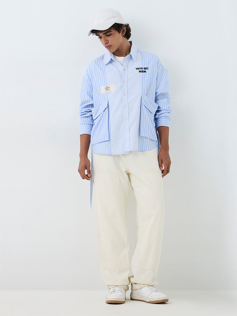 Nuon Blue Striped Boxy-Fit Cotton Shirt