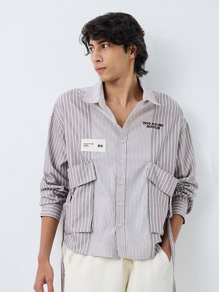Nuon Light Brown Striped Boxy-Fit Cotton Shirt