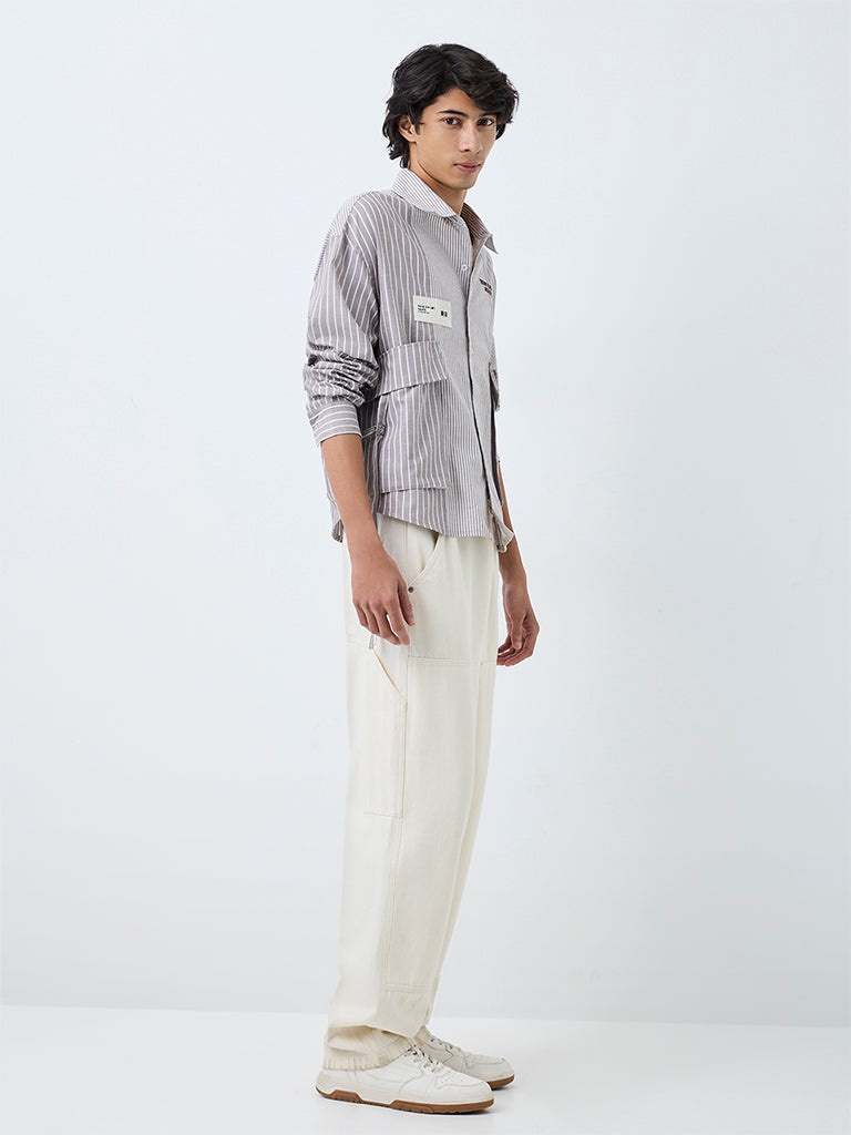 Nuon Light Brown Striped Boxy-Fit Cotton Shirt