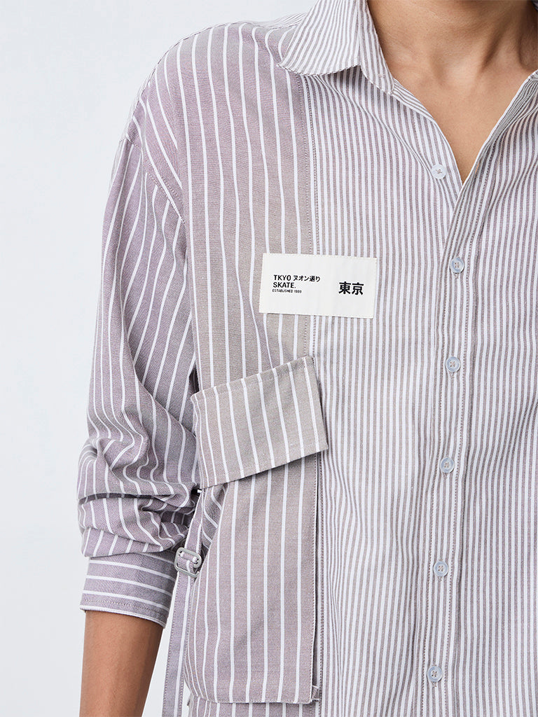 Nuon Light Brown Striped Boxy-Fit Cotton Shirt