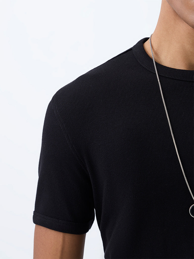 Nuon Black Ribbed-Textured Slim-Fit Cotton-Blend  T-Shirt