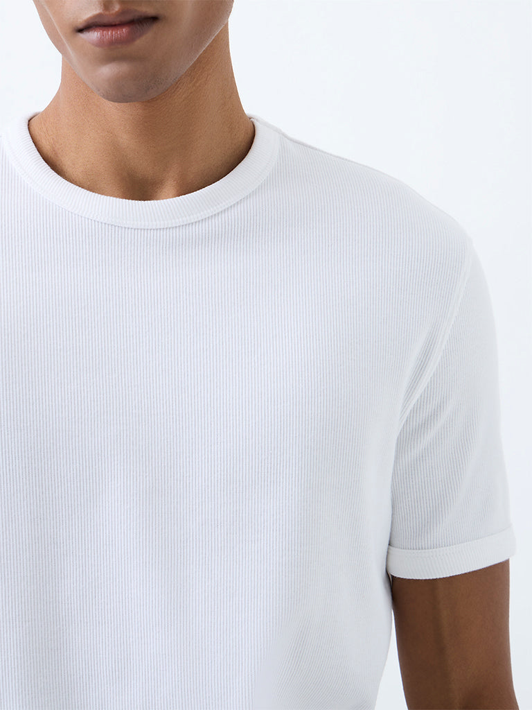 Nuon White Ribbed-Textured Slim-Fit Cotton-Blend  T-Shirt