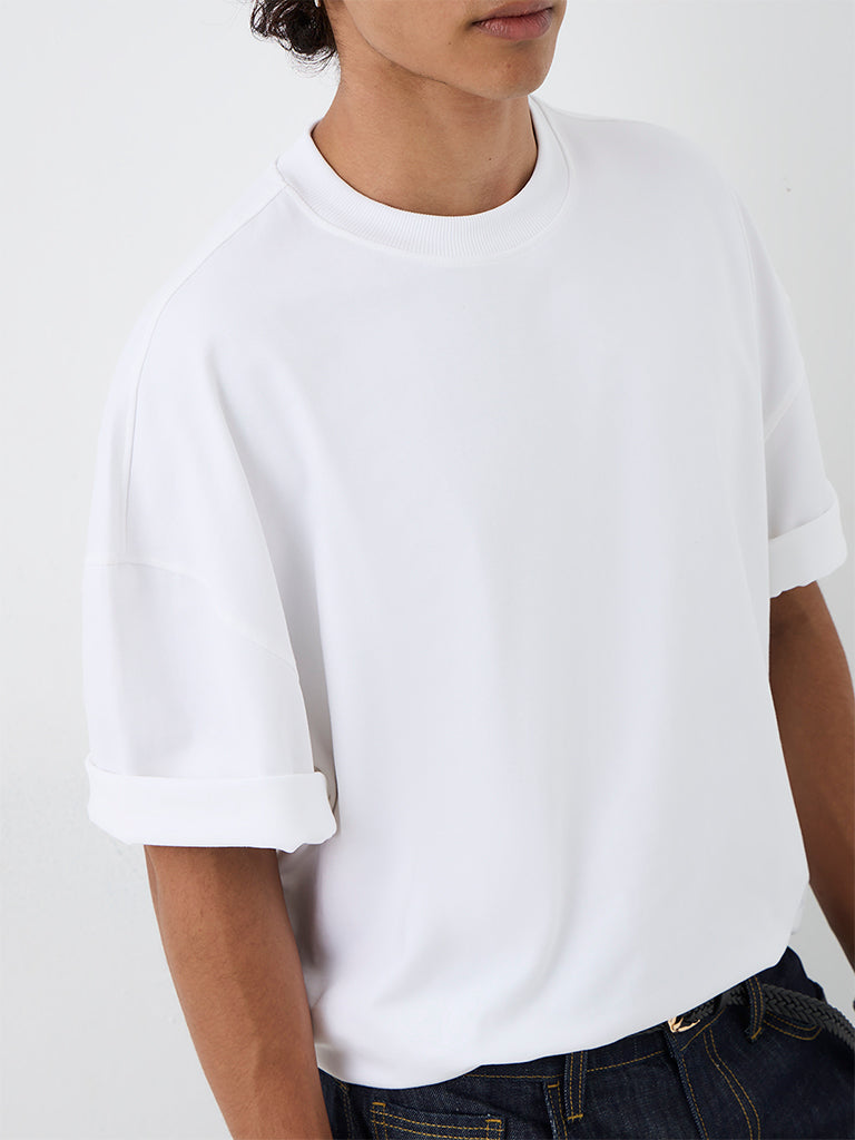 Nuon White Solid Oversized-Fit Cotton T-Shirt